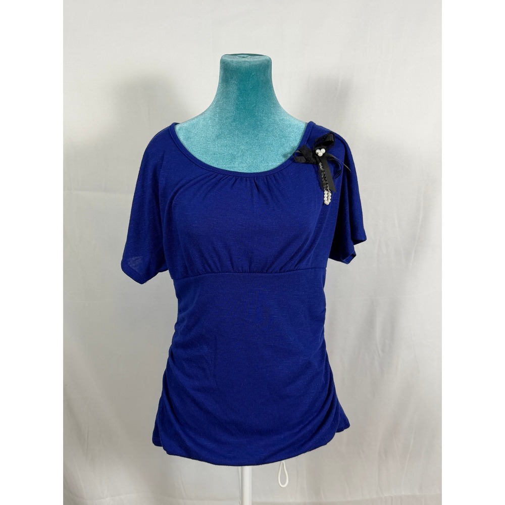 iz Byer Royal Blue Empire Waist Knit Top with Pearl Bow Accent XL Made in USA